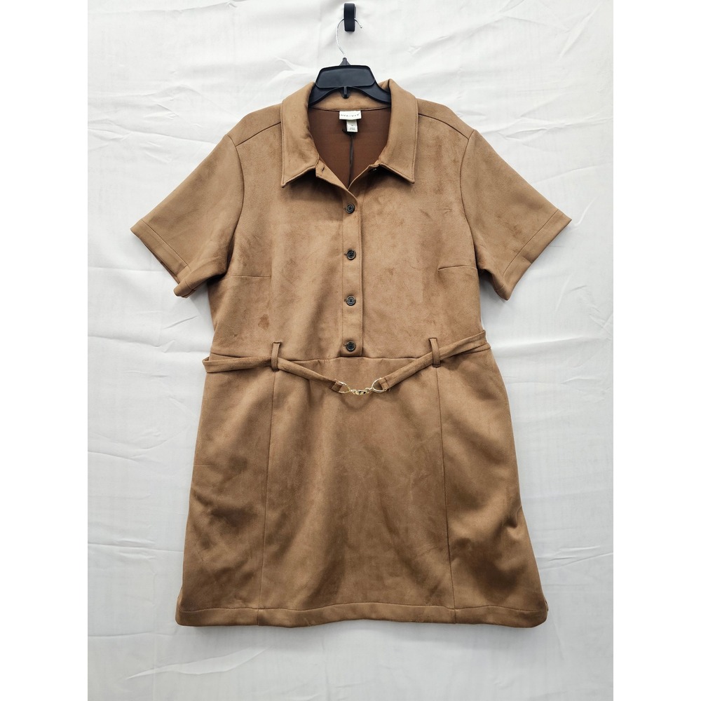 Ava &‎ Viv Women 1X Tan Faux Suede Button Down Belted Mini Dress AV21_50A01-0391